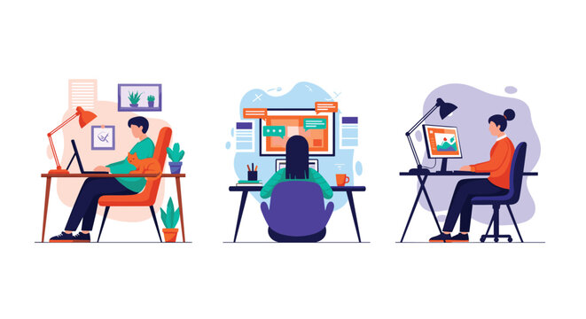 Three scenes of people working from home on their computers with pets, plants, and cozy desk setups in a modern flat style.