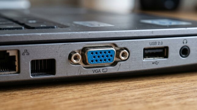 Close-up view of a laptop's side panel showing various ports on a wooden surface indoors.