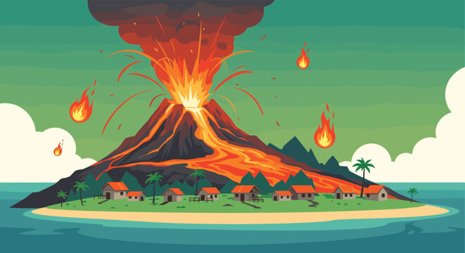 Dramatic pixel art illustration of a volcanic eruption on a tropical island with lava flows and fireballs threatening a coastal village.
