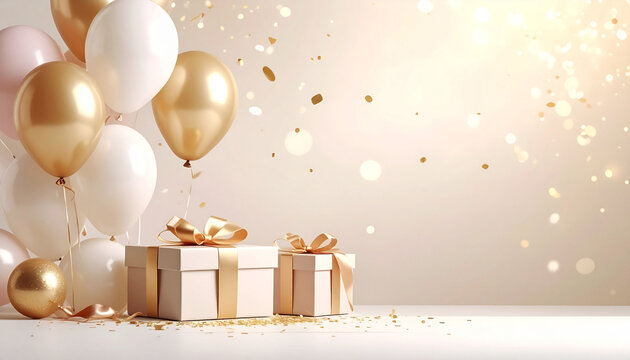 Elegant white and gold celebration background featuring gift boxes, balloons, and floating confetti with copy space.