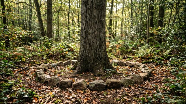 A large tree trunk stands in a forest surrounded by a circular stone border on a leaf-covered ground.
