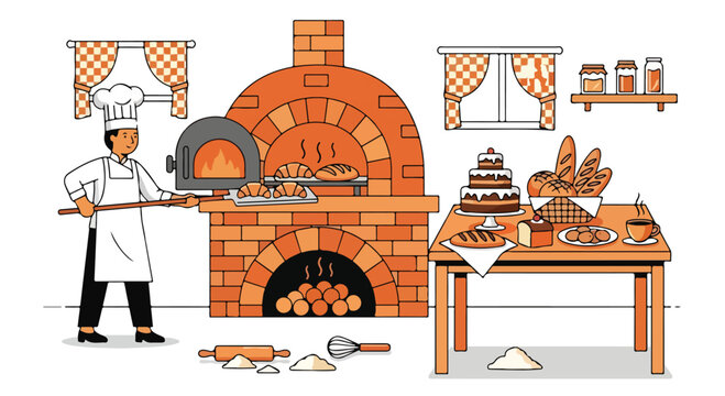 A baker taking bread out of brick oven