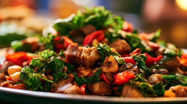 thai crispy pork belly stir-fried food photography