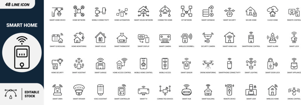 Smart home line art icons set, Home Automation, Smart Security, Smart Thermostat, Voice Assistant, Smart Lock, Security Camera, IoT Network, Smart Speaker, Web icon, App icon, Outline icon, Editable 