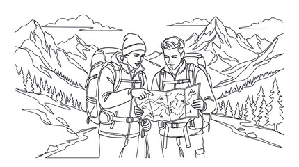 Obraz premium Hikers Navigating Mountain Trail with Map, Outdoor Adventure