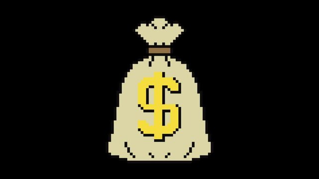 Pixel Art Dollar Money Bag, Retro Game Economy Asset. Featuring a classic sack filled with wealth and marked by a dollar symbol in retro 8 bit style.
