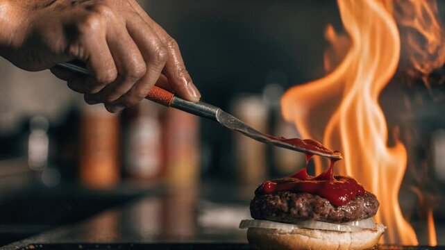 Flame grilled burger beef patty with ketchup and sliced onion bun as chef hand cooking restaurant kitchen near dramatic fire flame juicy burger