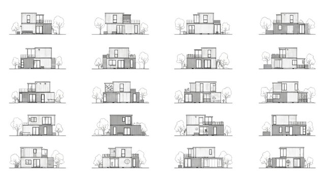 Architectural Plans: A grid of architectural drawings showcasing modern modular housing designs. CAD Blocks Icon Sheet Vector