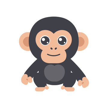 Cute cartoon monkey vector illustration with large shiny eyes, round ears, and a friendly smile. Simple flat animal character isolated background