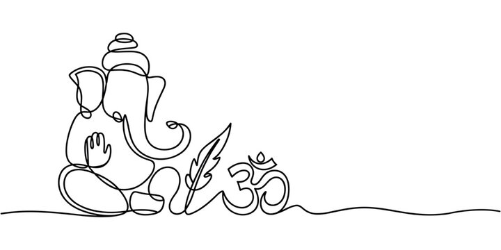 Black line of Ganesha sitting with om symbol and leaf elephant Hindu continuous one line drawing