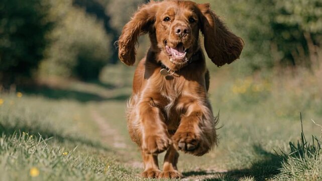 Happy cocker spaniel dog running on forest path joyful brown dog long ear pet outdoor sunny day green nature country trail
