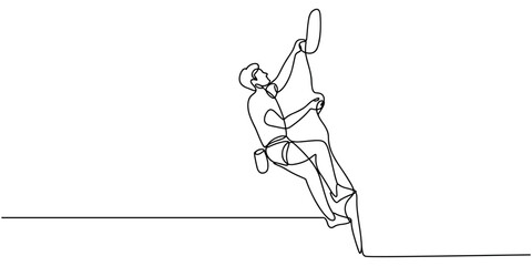 Man climbing rock with rope and harness rock climbing gear continuous one line drawing. © Sahor