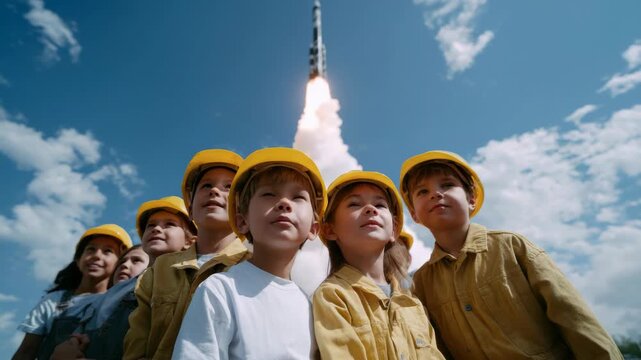 Children in Hard Hats Watch Rocket Launching into Sky