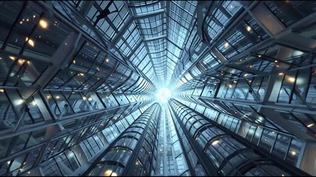 Ascending through a futuristic corporate tower with glass elevators