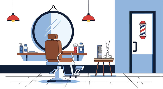 A barber shop with chair, mirror, and tools
