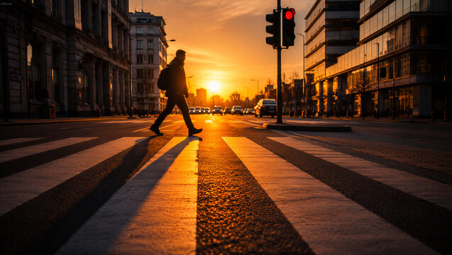 Low angle shot of a man walking on a zebra crossing at sunset. Red traffic light on a city street during golden hour. Backlit pedestrian commute