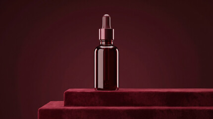 Naklejka premium Luxury Cosmetic Serum Bottle on Velvet Pedestal Dark Background