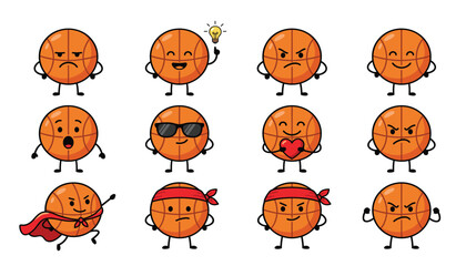 Obraz premium Basketball mascot cartoon character icon set. Cute sports ball emoticons, sunglasses, superhero cape, red headband, love heart, light bulb idea and funny facial expressions.