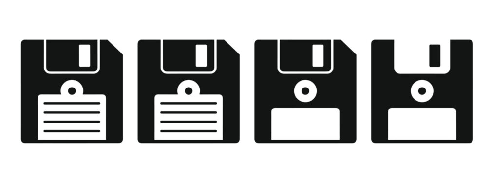 Floppy disk save icon set. Retro computer storage media, database memory symbols, technology graphic layout, hardware elements and digital backup outline designs.