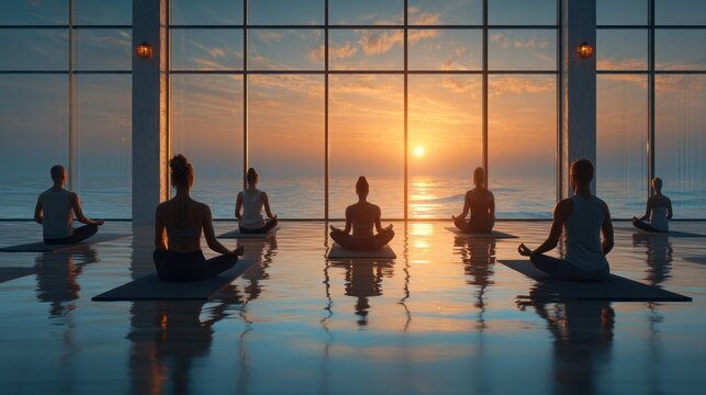 yoga class at sunset with ocean view