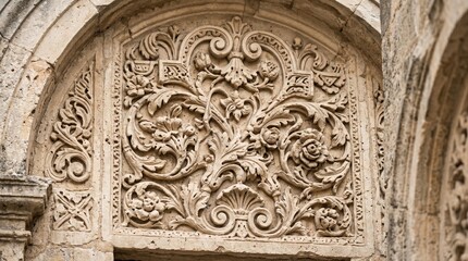 Obraz premium Intricate stone carvings adorn ancient architectural doorway with floral patterns