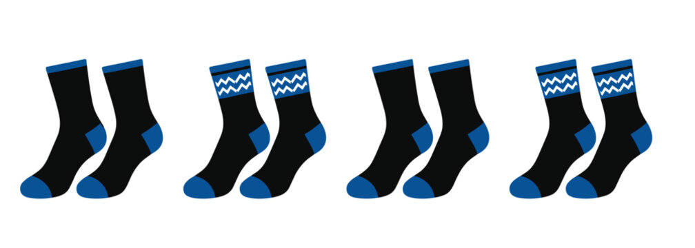 Cotton socks apparel icon. Footwear garments, winter hosiery collection, black and blue clothing elements, knitted ankle pattern, comfort fashion and textile accessory.