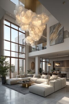 modern living room with large windows and chandelier