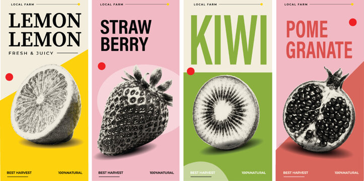 Four Fruit Poster Set: Lemon, Strawberry, Kiwi, Pomegranate Halftone Collage, Local Farm Label on Colorful Background