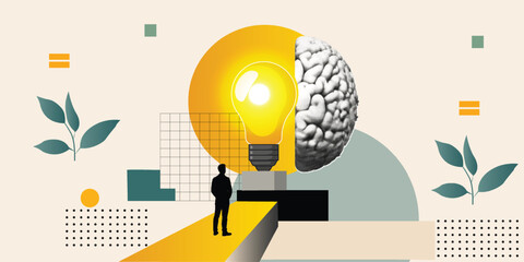 Human Brain and Lightbulb with Person Silhouette Halftone Collage on Beige Background © SpiximCreation
