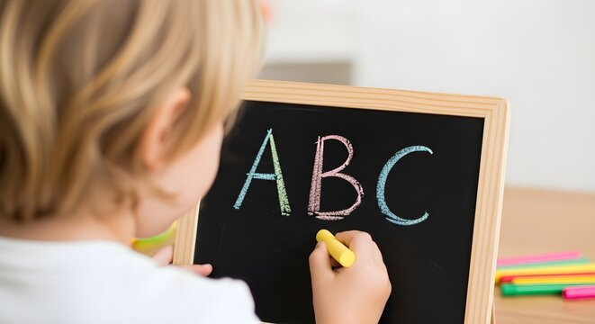 Child Learning to Write the Alphabet on a Chalkboard with Crayons
