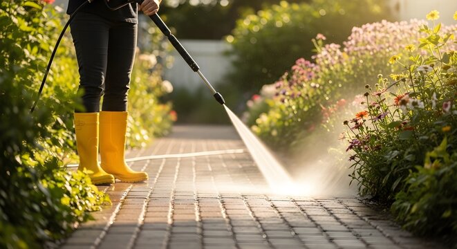 Pressure Washing a Brick Pathway Lined with Flowers on a Sunny Day