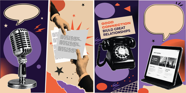 Four Communication Theme Halftone Poster Set with Vintage Microphone, Telephone Tablet, and Hand Holding Documents on Purple Background