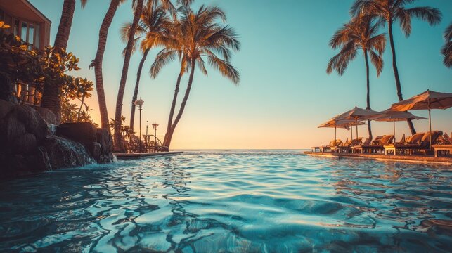 Tropical resort infinity pool overlooks ocean during warm evening