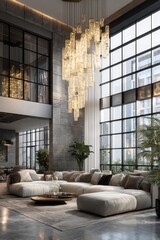 luxurious modern living room with elegant chandelier © Novanture