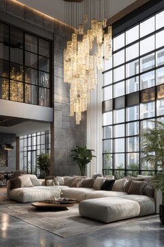 luxurious modern living room with elegant chandelier