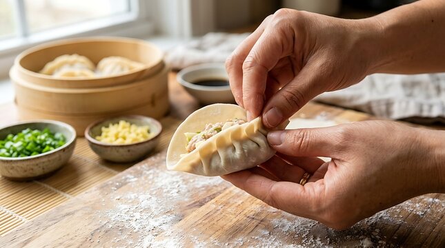 Hands folding fresh wrapper dough to make homemade chinese gyoza dumpling