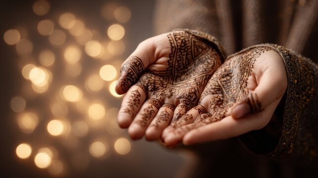 Ornate temporary body art adorns open palms held before a soft background of warm lights