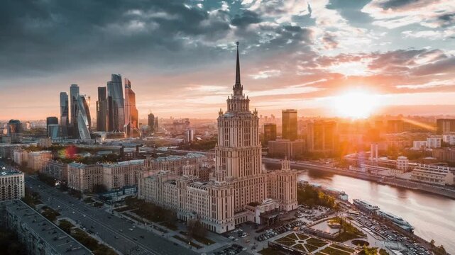 Beautiful aerial view of moscow city skyline at sunset
