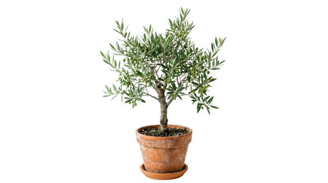 Small potted olive tree with lush green foliage in terracotta pot plant