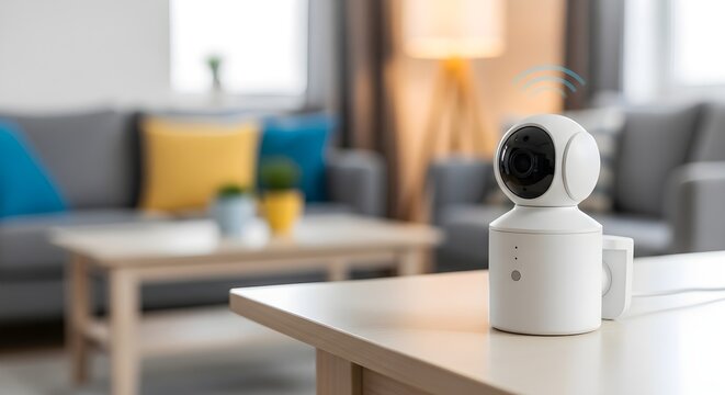 Smart Home Security Camera Monitors Living Room Interior with Soft Natural Light