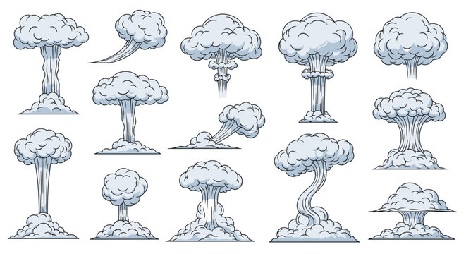 Series of detailed mushroom cloud explosion drawings in various shapes and sizes representing powerful blasts and rising smoke columns.