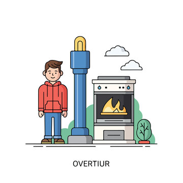 A cartoon man stands beside a lamppost and oven