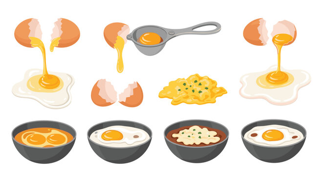 Collection of egg preparation methods including fried eggs, scrambled eggs, and separating yolks for cooking or baking.