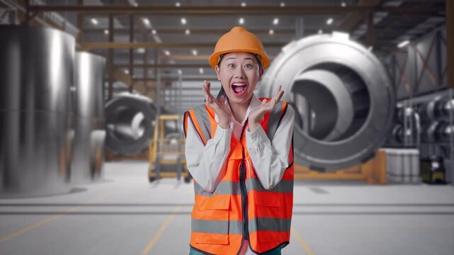 Asian Female Engineer With Safety Helmet Smiling To Camera And Saying Wow While Standing at Heavy Factory with Large Turbine Components