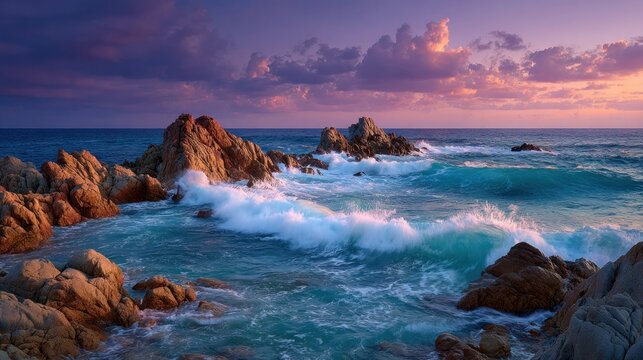 dramatic sunset over rocky coastline