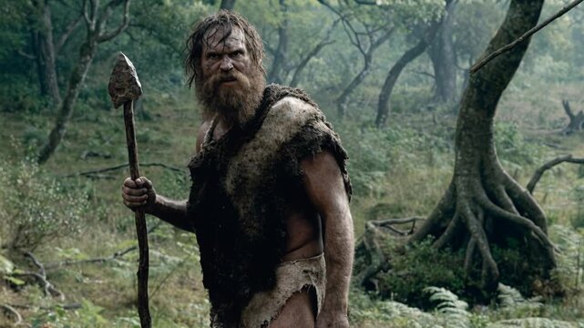 Prehistoric caveman primitive hunter ancient warrior in wild forest with stone spear animal fur rugged beard angry expression survival scene