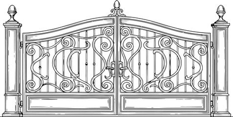 Fototapeta premium Ornate wrought iron estate gates with decorative scrollwork and stone pillars in a detailed line drawing style for architectural design concepts