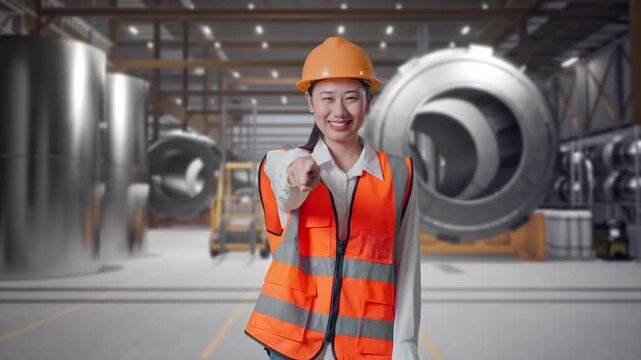 Asian Female Engineer With Safety Helmet Smiling And Touching Her Chest Then Pointing At You While Standing at Heavy Factory with Large Turbine Components