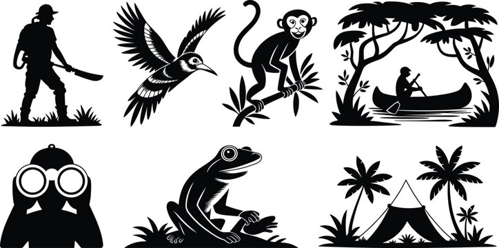Jungle exploration silhouette set featuring explorer monkey frog flying bird canoe safari tent and binoculars graphics