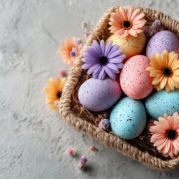 colorful easter eggs with flowers in basket